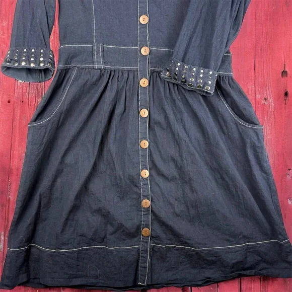 Stetson Denim Button Up Shirt Dress Studded Western Stitching Large Dark Wash 90 - Picture 4 of 10
